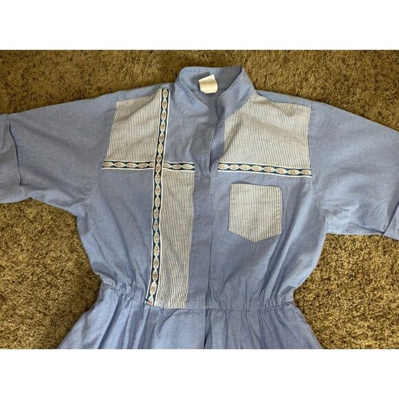 Vintage 70s 80s Fit & Flare Midi Dress Blue Stripe Elastic Waist Cotton USA 10 - Picture 6 of 9